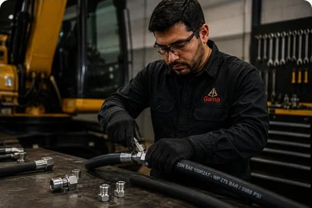 Especialista trabajando en una manguera hidráulica